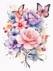 Obraz premium watercolor of colorful flowers and butterflies facing forward.