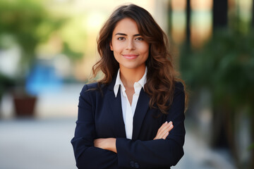 Portrait of a Hispanic confident businesswoman on an office building background