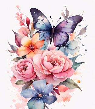 Fototapeta watercolor of colorful flowers and butterflies facing forward.