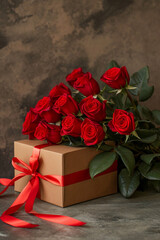 Love and Valentine's day concept with red roses on dark wooden background. Top view with copy space
