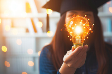 Education, e-learning graduate certificate and business concept, Women showing light bulb with graduation hat in hand Education technology study knowledge, human creative thinking idea - obrazy, fototapety, plakaty