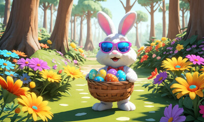 Easter bunny hides colorful eggs in the forest clearing, around him are bushes and trees, many colorful flowers, magic mushrooms and butterflies