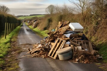 Illegal dumping of waste on a rural road in the UK. Generative AI