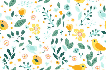 Blooming Nature: Seamless Floral Pattern with Cute Birds and Colorful Flowers