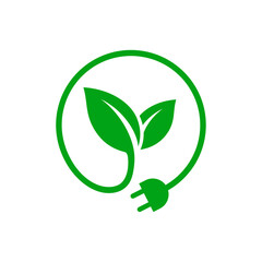 Green leaf with plug icon. Renewable power and clean energy icon. Eco Friendly charging symbol.