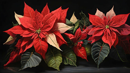 Poinsettia flower and leaf on black background