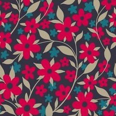 Magenta red flowers on a dark grey background. Ditsy floral seamless pattern.