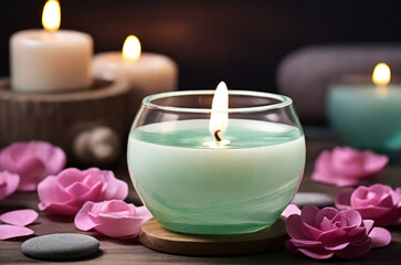 Obraz na płótnie Canvas Beauty water therapy candle spa wellness light care health relaxation romantic bath. Ai generative