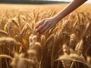 Close-up view of girl hand lightly touching the tops of wheat in field. The background is filled with more wheat, creating textured and monochromatic golden scene
