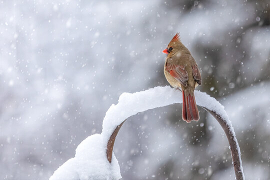 Female Cardinal perched in the snow