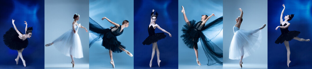 Beautiful young women, professional ballet dancers performing traditional, classical play over blue...