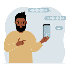 A man holds a smartphone using a voice assistant application. Voice recognition concept. Smart speaker applications, office controller, hands-free phone calls, voice command software.