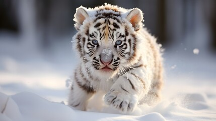 Fototapeta na wymiar Beautiful white tiger cub playing in the snow