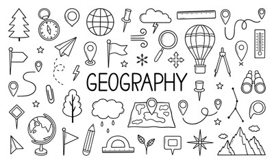 Geography doodle set. Education and study concept. map, globe, compass in sketch style. Hand drawn vector illustration isolated on white background