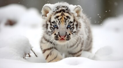 Beautiful white tiger cub playing in the snow