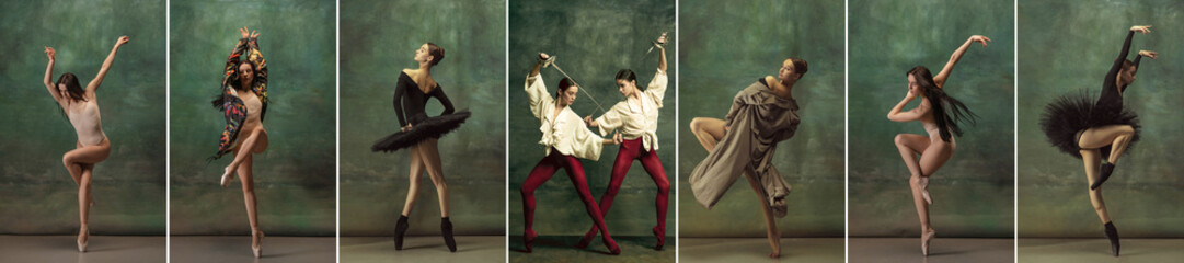 Beautiful young women, ballet dancers in different stage costumes making creative performance,...