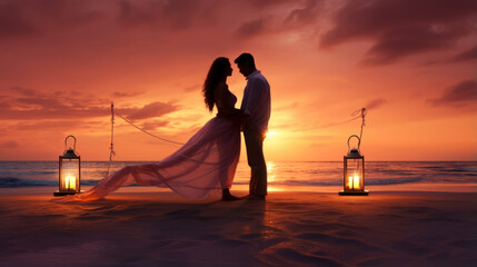Romantic couple flat art against evening sunset on the beach - obrazy, fototapety, plakaty