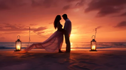 Tuinposter Romantic couple flat art against evening sunset on the beach © standret