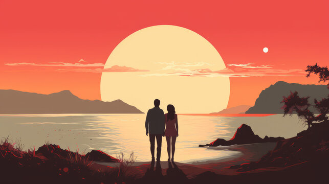 Romantic couple flat art against evening sunset on the beach