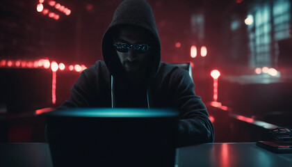 portrays a hacker in a dimly lit room with a laptop attempting a cyberattack, emphasizing the importance of cybersecurity measures in protecting sensitive data