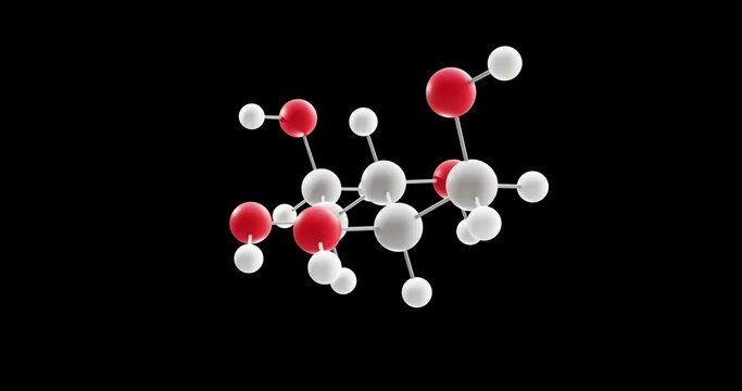 Xylitol molecule, rotating 3D model of polyalcohol, e967, looped video on a black background