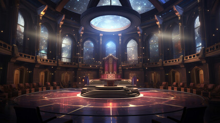 circular courtroom in space with arched windows and glass domed roof - obrazy, fototapety, plakaty