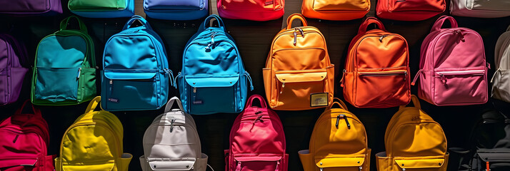 A row of colorful backpacks and bags on a shelf. created with technology - obrazy, fototapety, plakaty