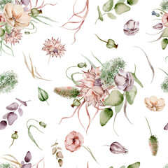 A delicate watercolor floral pattern with lots of vibrant flowers and greenery repeating seamlessly on a white background. Ideal for use in fabrics, wallpaper, wrapping paper. - obrazy, fototapety, plakaty
