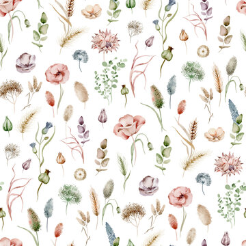 The delicate watercolor floral print is a seamless pattern with vibrant wildflowers and leaves on a white background. The repeating pattern is ideal for use on fabrics, wallpaper and packaging.