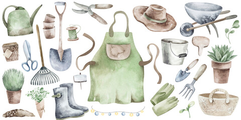 Vintage collection of garden tools illustrated with watercolors. The kit includes a watering can, trowel, gloves, seeds and much more. Ideal for adding a touch of whimsy to your garden projects. © Elena
