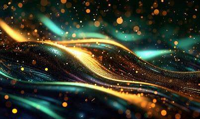 Glitter Emerald Golden Wave Stripes Design. Shiny moving lines design element with bokeh effect background