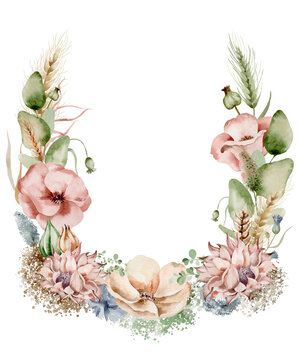 Hand drawn watercolor wreath with delicate wildflowers and golden ears of wheat. This romantic and elegant image is suitable for wedding invitations, greeting cards or other projects.