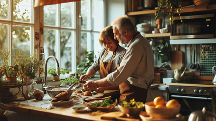 happy man and woman cooking together in the kitchen - obrazy, fototapety, plakaty