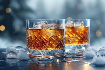 Glasses of whiskey with ice on the table