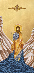 Orthodox icon of John the Baptist. Christian antique illustration on golden background in Byzantine style