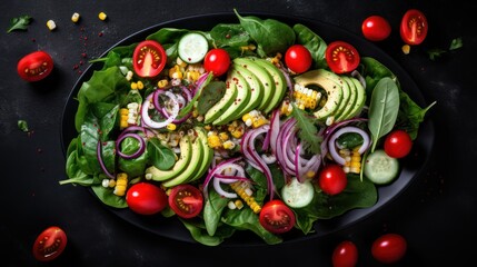 Green salad made from a mixture of green leaves and vegetables. Diet food. Food photography