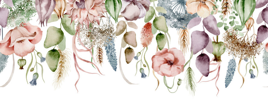Delicate and airy watercolor seamless border depicting a field of meadow flowers floating on a white background. Ideal for adding whimsical charm to your surfaces, fabrics, wrapping paper and cards.