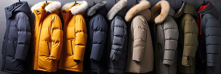 A row of winter coats and jackets in different sizes. created with technology