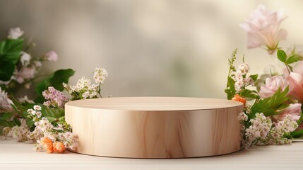 Fototapeta na wymiar Round wooden podium for product demonstration. podium and spring flowers