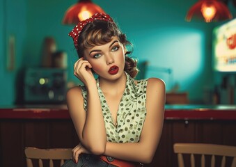 Pretty and young pin up style woman, with wavy brunette hair, she is wearing a plaid shirt and a matching ribbon to collect her hair. The woman is posing with the coffee bar in the background