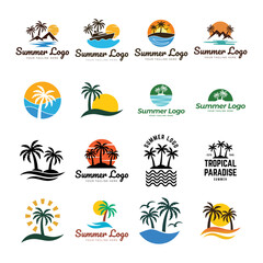 Summer beach island with palm trees in the ocean. Vector emblem of travel, holiday, resort. Vector Logo collection.