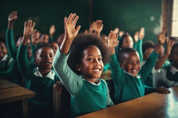 Little afro american children happy and smiling raising hands at school. Generative AI. - obrazy, fototapety, plakaty