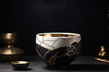 Kintsugi Japanese Gold Repaired Porcelain Bowl in dark background 
