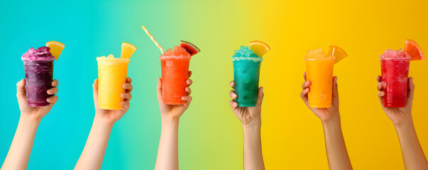 Summer concept - hands holding selection of colorful slushie drinks, solid color background