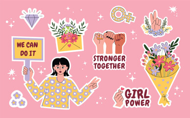 Set of stickers with fists up and feminism slogans. Strong women rights. Vector feminist movement symbols. Girl power, Women empowerment. Woman's Day. Hand-drawn bouquets of flowers. #inspireinclusion