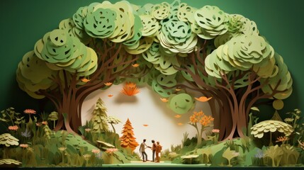 Arbor day holiday - a holiday celebrating trees. Style of 3d paper cut out. Beautiful nature landscape.