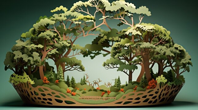 Arbor day holiday - a holiday celebrating trees. Style of 3d paper cut out. Beautiful nature landscape.