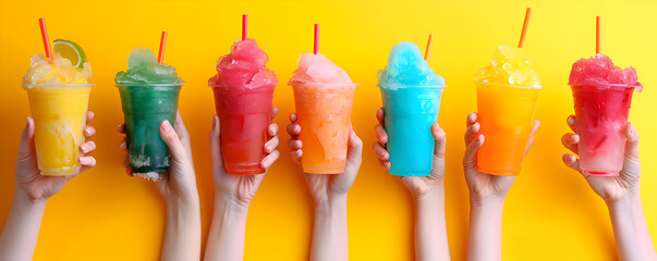Summer concept - hands holding selection of colorful slushie drinks, solid color background - obrazy, fototapety, plakaty