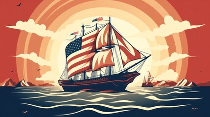 Happy Columbus day - american national holiday. Flag of USA and sailing ship caravel Santa Maria. Vintage style.