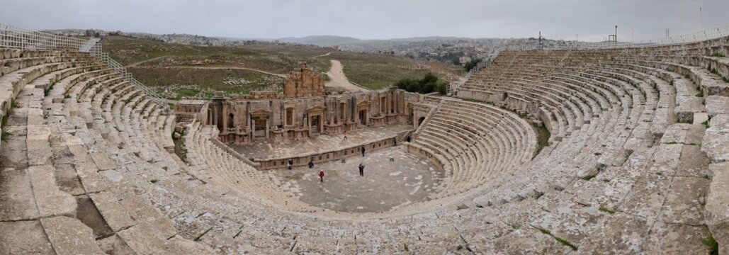 ancient Roman structures in Jerash city,Gerasa, Jordan, hippodrom, amphiteatre,theatres and columns of the ancient Roman civilization made out of sand and marble stone